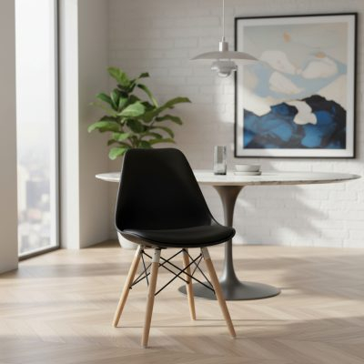 Silla Comedor Nórdica Tulip Negra Con Base De Madera Clara