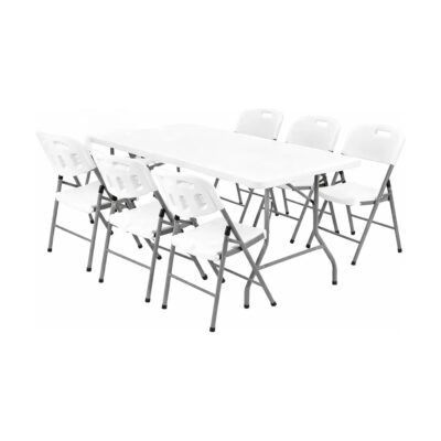 Kit Mesa Plegable Valija 180cm Blanca Con 6 Sillas Exterior