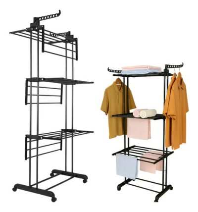 Tendedero De Pie Extensible 3 Niveles Negro Aluminio Ruedas Hytoshy