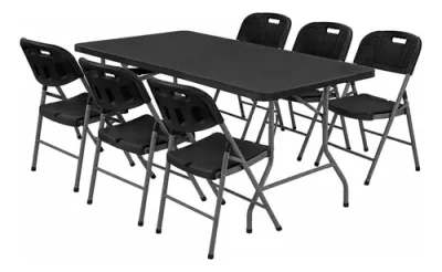 Kit Mesa Plegable Valija 180cm Negro Con 6 Sillas Exterior