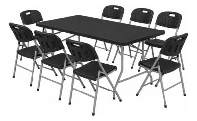 Kit Mesa Plegable Valija 180cm Negro Con 8 Sillas Exterior