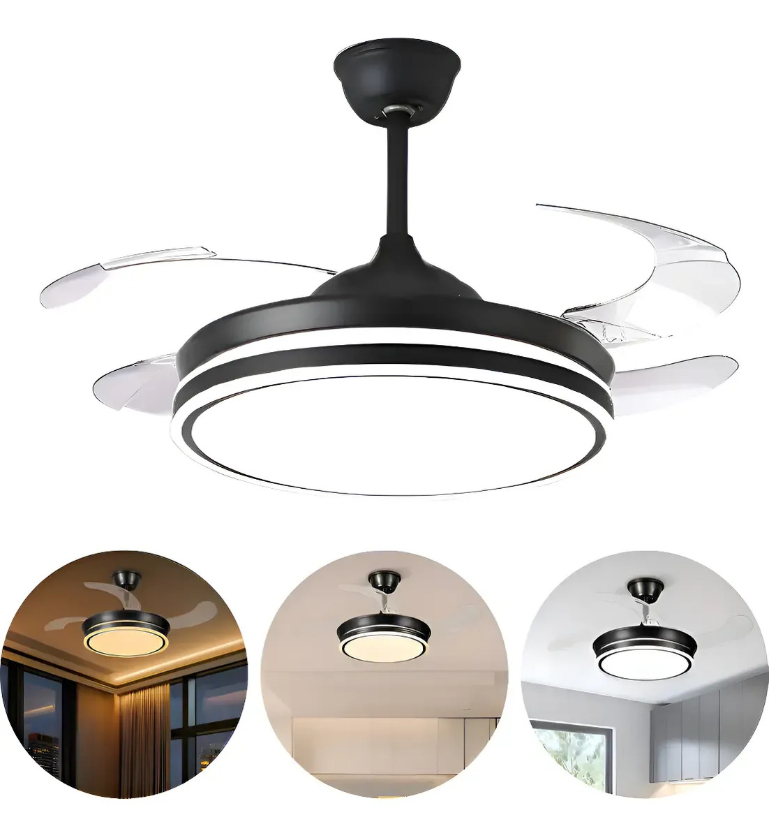 Ventilador De Techo Retráctil Led Negro Control Remoto 1.07m